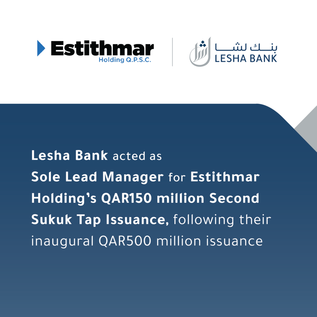 Lesha Bank acted as a Sole Lead Manager for Estithmar Holding’s QAR 150 million Sukuk Tap Issuance, following their inaugural QAR 500 million issuance